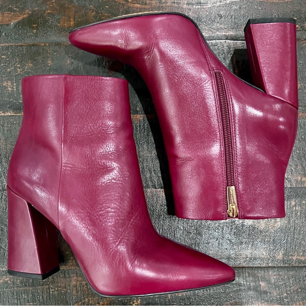 Vince Camuto Burgundy Leather Ankle Boots Block Heel Pointed Toe
